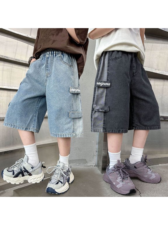 Pants for Girls Boys Summer Straight Leg Denim Shorts Casual Walking Five Point Outdoor Black 4-5 Years