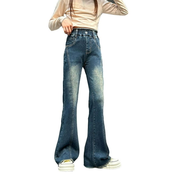 Girls Fashion Cute Personality Pants Elastic Waist Wide Leg Jeans Casual Demin Pants With Pockets