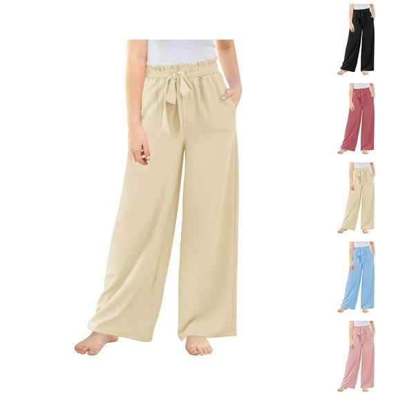 Pants for Girls Casual Pants for Girls Wide Leg Trousers High Elastic Smocked Waist Casual Flowy Long Cute for Girls