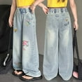 thumbnail image 1 of Pants for Girls Cute Elastic Waist Wide Leg Jeans Casual Demin With Pockets Activewear, 1 of 8
