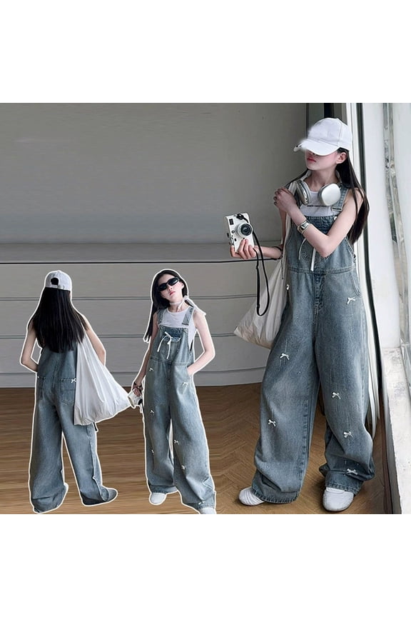 Pants for Girls Denim Overalls Rhinestone Bowknot Cute Stylish Romper Trousers