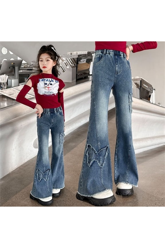 Pants for Girls Girls Casual Loose Straight Wide Leg Denim Jeans Spring Fall Blue 4-5 Years