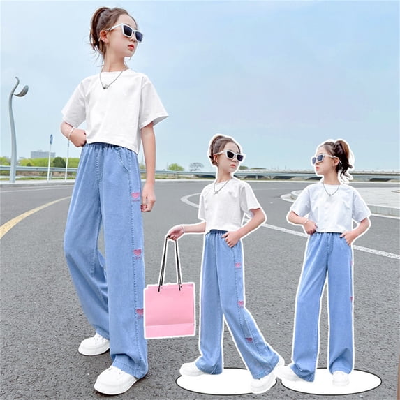 Pants for Girls Girls Summer Lightweight Tencel Denim Jeans Straight Wide Leg Sky Blue 4-5 Years