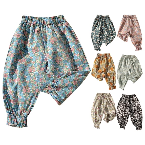 Pants for Girls Kids Floral Print Casual Proof Pants Breathable Loose Tapered Multicolour 6-8 Years