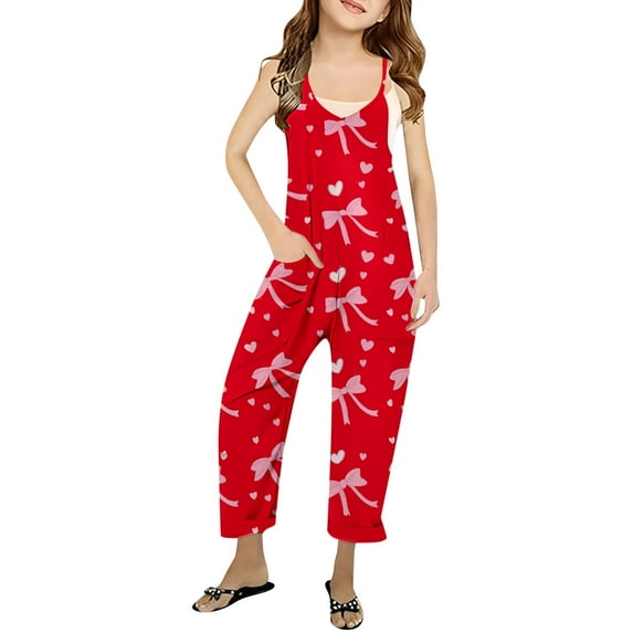 Pants for Girls Printed V Suspender Romper Solid Color Loose Romper Pocket Bottoms