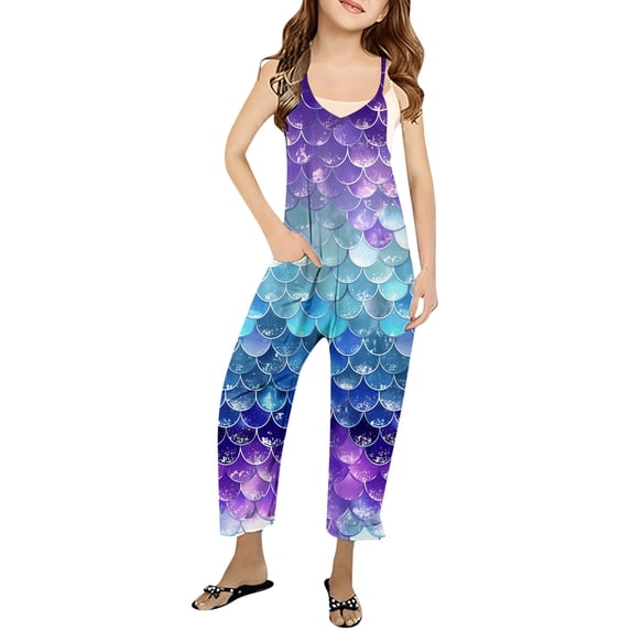 Pants for Girls Scale Printed V Strap Romper Solid Color Loose Romper Pocket Trousers
