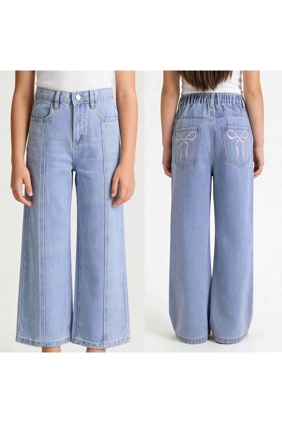 Pants for Girls Size 10-11Y Kids Line Pattern Bow Detail Jeans Korean Style Comfortable