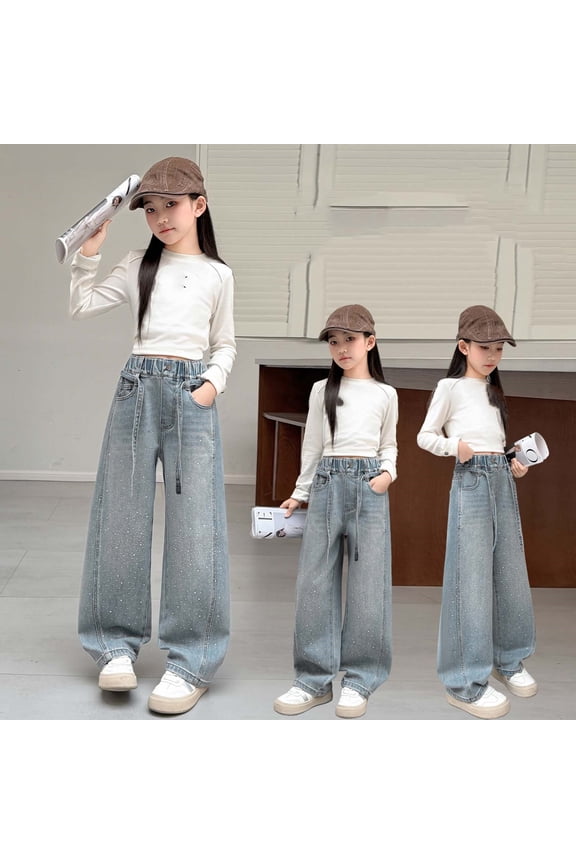 Pants for Girls Size 4-5Y Kids Star Rhinestone Curved Wide Leg Trousers Breathable
