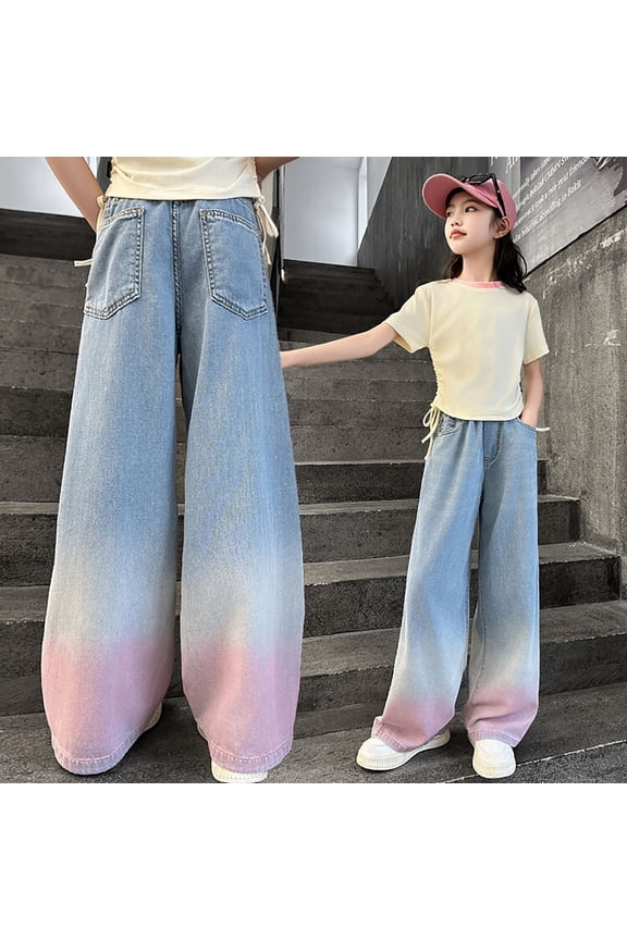 Pants for Girls Size 5-6Y Kids Gradient Wash Loose Straight Wide Leg Jeans Comfortable