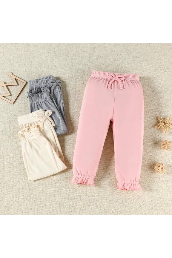Pants for Girls Toddler Girls Ribbed Bowknot Ruffled Pants Solid Casual 3 Pack Multicolour 18-24 Months