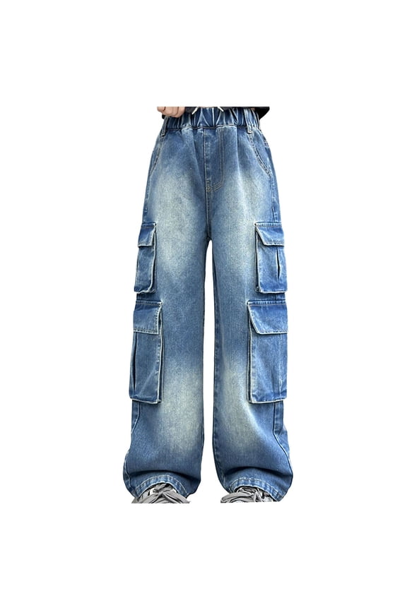 Pants for Kids Girls Size 7-8 Tween Girls Wide-Leg Jeans Casual Zipper Fly Elastic Waist Trendy Baggy Denim Pants with Pockets