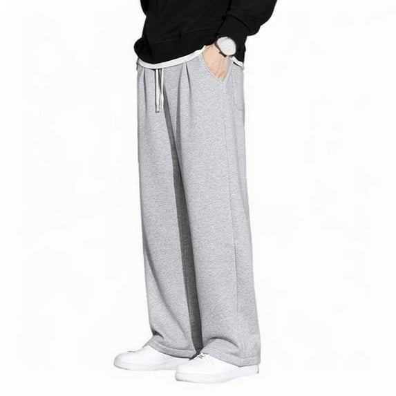 Cotton Pants for Men Casual Baggy Track Pants Solid Color Elastic Waist Wide Leg Sweatpants with Pockets, Gray, 3XL