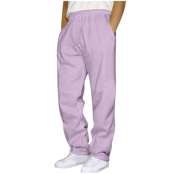 Pants for Men Casual Loose Fit Track Pants Solid Color Elastic Waist Wide Leg Sweatpants with Pockets, Pink, S