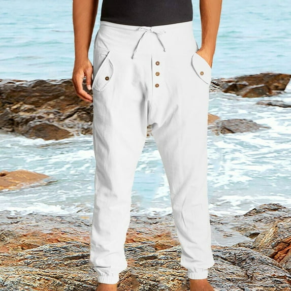 Pants for Men,Clearance Men's Cotton Linen Double Pockets Button Elastic Waist High Waist Overalls Leggings Sweatpants for Men