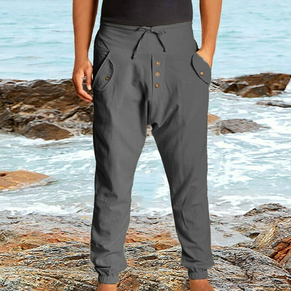 Pants for Men,Clearance Men's Cotton Linen Double Pockets Button Elastic Waist High Waist Overalls Leggings Sweatpants for Men