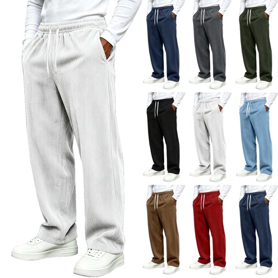 Pants for Men Corduroy Vertical Striped Straight Wide Leg Elastic Drawstring Waist Uncuffed Loose Draped Casual Daily Pockets Trousers