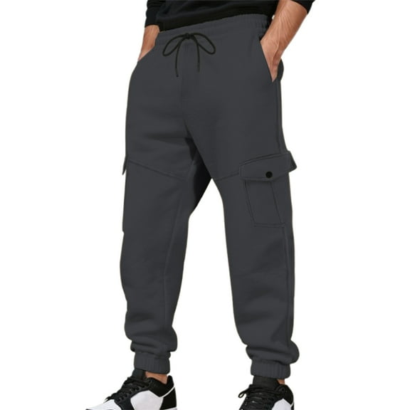 Pants for Men Multi Pockets Solid Color Elastic Waist Drawstring Slim Fit Dressy Trousers Stretchy Summer Athletic Work Sweatpants for Men