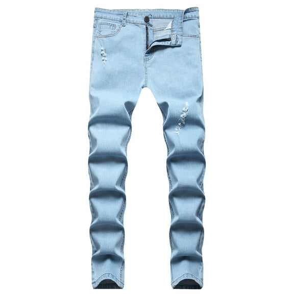 Pants for Men Ofreoo Men's Light Blue Ripped Jeans Zipper Wash Elastic Trend Outdoors Denim Trousers Great Gifts for Less