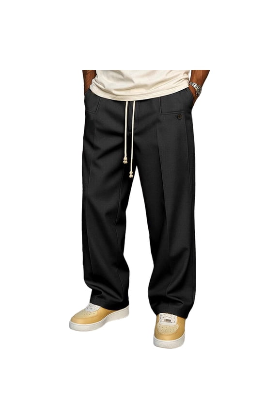 Pants for Men Relaxed Fit Casual Elastic Waist Drawstring Trousers with Pockets Wide Leg Button Straight Slacks L