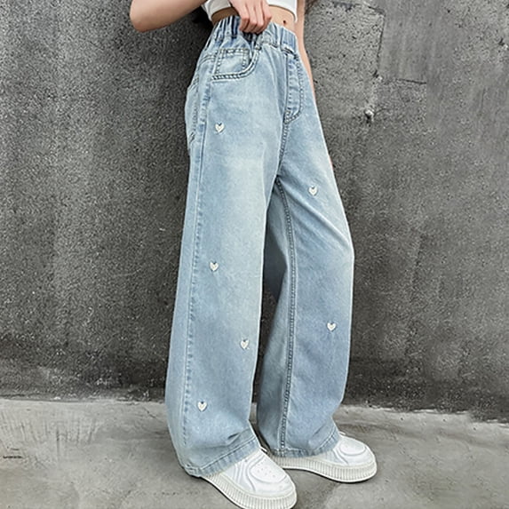 Pants for Teens Y2K Girls Jeans Flare High Elastic Waist Denim Pants Bell Bottom Stretch Cute Y2K Streetwear with Pockets 7-14Y