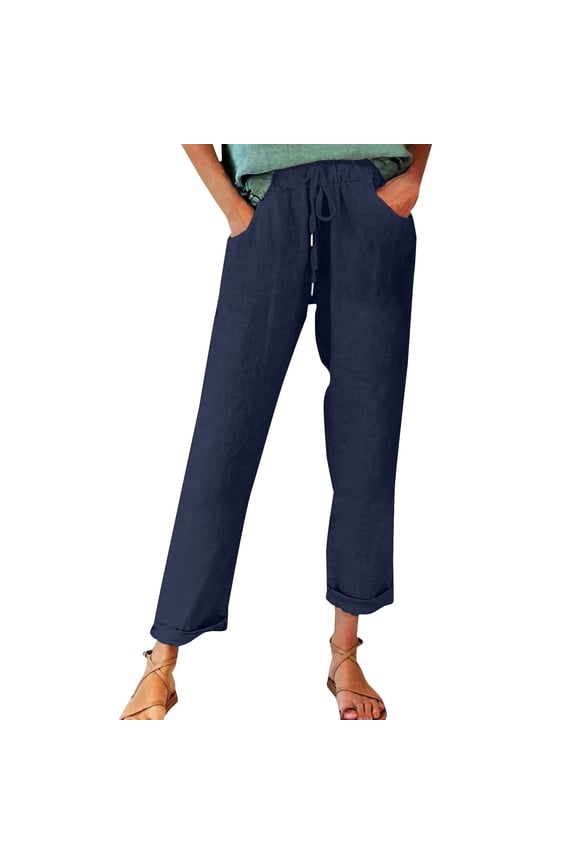 Pants for Women 2026 Trendy Cotton And Linen Women's Sweatpants Relaxed Fit Lounge Lightweight Womens Trousers Dark Blue