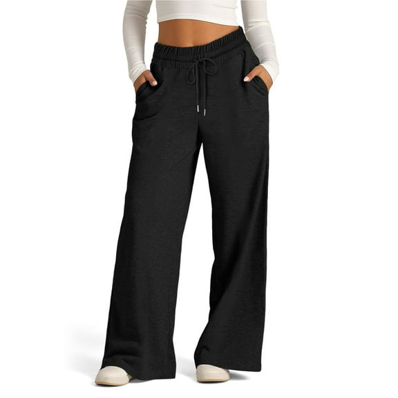 Pants for Women Baggy Elastic Waisted Flare Sweatpants Sports Drawstring Pants Pleated Joggers with Pockets Palazzo Trousers