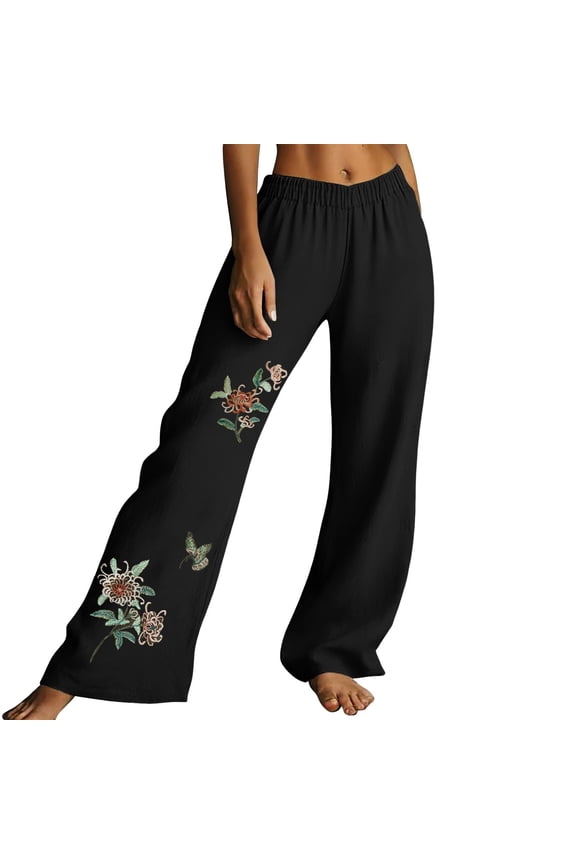 Pants for Women Black Ladies Spring And Summer Loose Trendy Casual Embroidered Cotton And Linen Pants Pants XXL