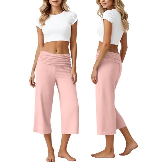 Pants for Women Capri Fold Over Cropped Pant Stretch Low Rise Wide Leg Yoga Bottoms, L