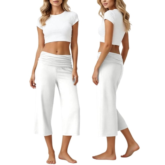 Pants for Women Capri Fold Over Cropped Pant Stretch Low Rise Wide Leg Yoga Bottoms, L
