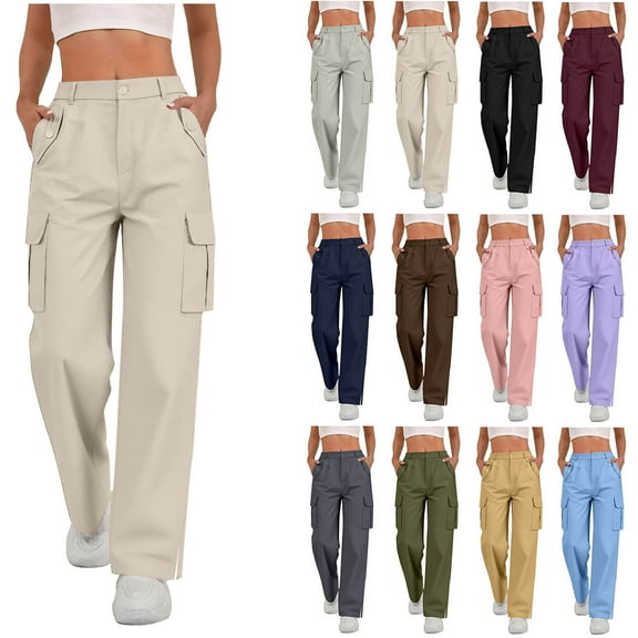 Pants for Women Cargo Pants Women Ndbuld Fashion Pants Women Ladies Solid-color Stretch Belt Long Pants String Button Pockets Pants Trousers Beige XL