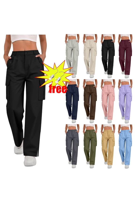 Pants for Women Cargo Pants Women Ndbuld Fashion Pants Women Ladies Solid-color Stretch Belt Long Pants String Button Pockets Pants Trousers Black S