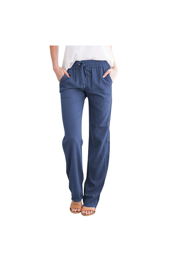 Pants for Women Casual Comfortable Straight Pants Cotton Linen Elastic Waist Slacks Trousers Loose Fit Wide Leg Pants