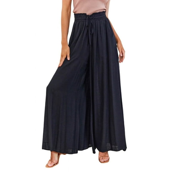 Pants for Women Casual Elastic Waist Wide Leg Pants with Pockets Black L
