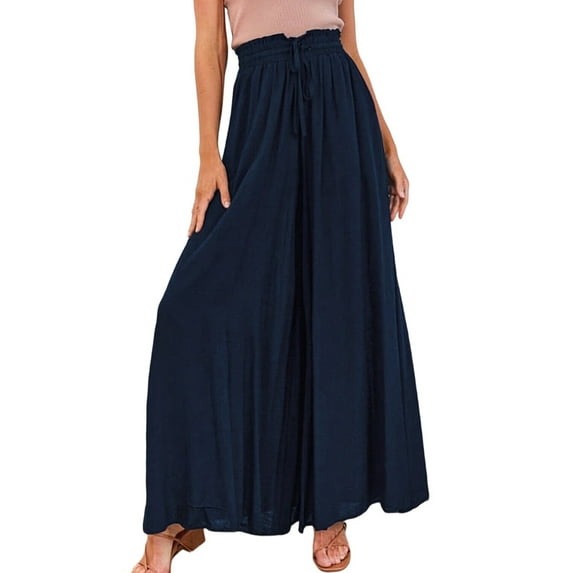 Pants for Women Casual Elastic Waist Wide Leg Pants with Pockets Navy Blue XXL