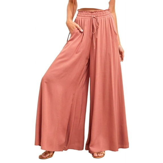 Pants for Women Casual Elastic Waist Wide Leg Pants with Pockets Orange Red XL