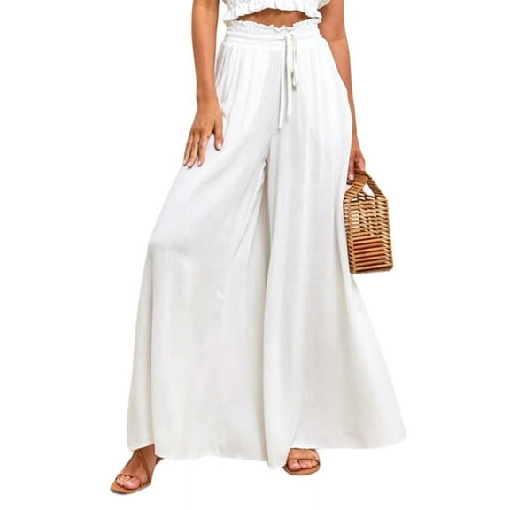 Pants for Women Casual Elastic Waist Wide Leg Pants with Pockets White XXL