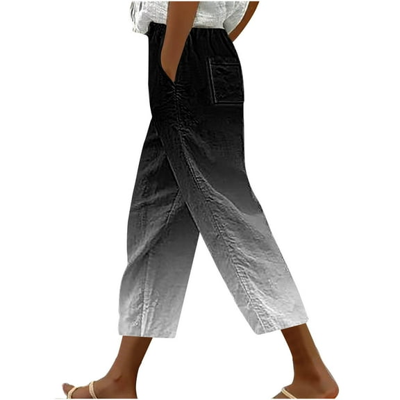 Pants for Women Casual Loose Tie Waist Harem Hem Print Trousers with Pocket High Rise Pleated Baggy Lounge Daily Bottoms, Black, L