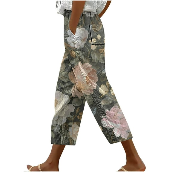 Pants for Women Casual Loose Tie Waist Harem Hem Print Trousers with Pocket High Rise Pleated Baggy Lounge Daily Bottoms, Multicolor, L