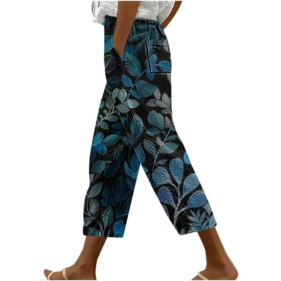 Pants for Women Casual Loose Tie Waist Harem Hem Print Trousers with Pocket High Rise Pleated Baggy Lounge Daily Bottoms, Multicolor, L