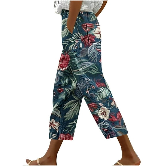 Pants for Women Casual Loose Tie Waist Harem Hem Print Trousers with Pocket High Rise Pleated Baggy Lounge Daily Bottoms, Multicolor, XXXL