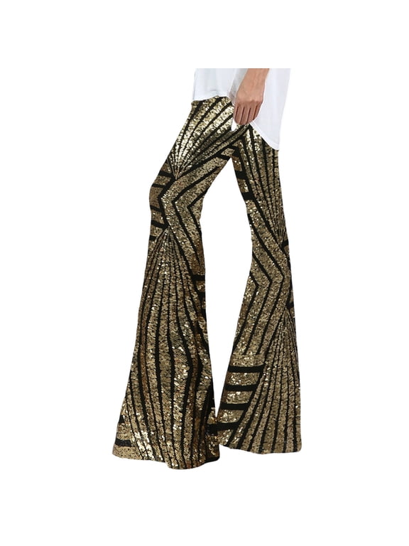 Pants for Women Casual Sequins Wide Leg Fashion Shiny Hight Waist Flared Trousers Disco Dance Long Party Streetwear Elastic Womens Pants Gold M
