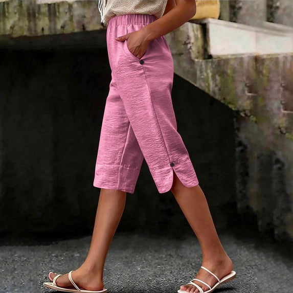 Pants for Women Casual Summer Knee Length Pants Elastic Waist Loose Fit Summer with Pockets