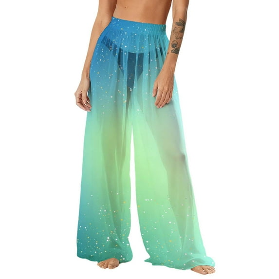 Pants for Women Casual,Women See Through Sheer Mesh Pants Beach Swimsuit Bikini Bottom Cover up Party Club Elastic High Waist Wide Leg Pants