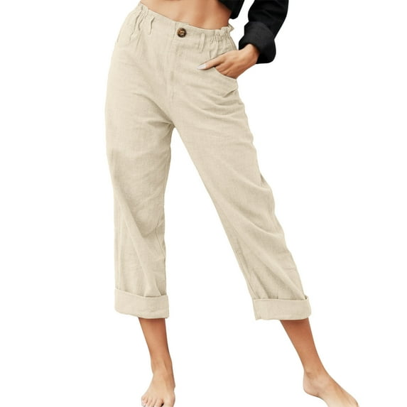 Pants for Women Casual Solid Color Pockets Zipper Elastic Button Waist Long Womens Trousers