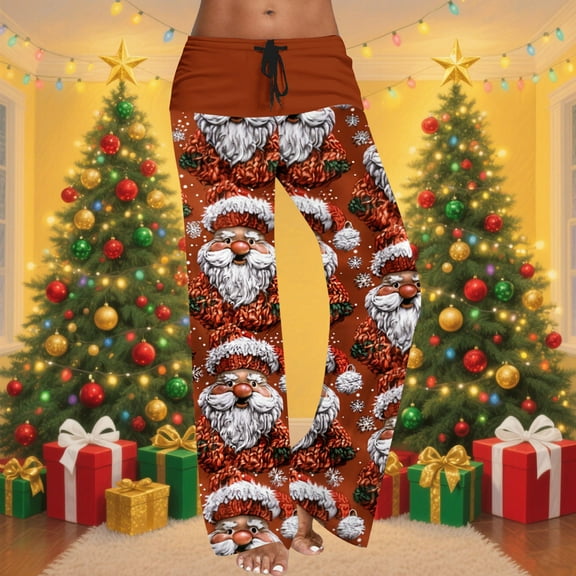 Pants for Women Christmas Printed Casual Straight Cut Loose Long Pants,Womens Pants Wine M