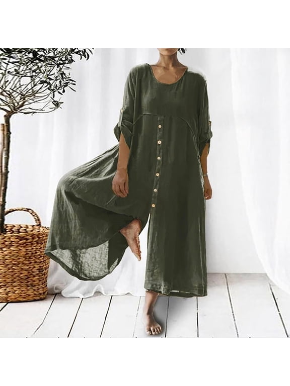 Pants for Women,Clearance Women's Plus Size Women Casual Solid 3/4 Sleeve Round Neck Cotton Linen Romper Long Playsuit Jumpsuit Loose Causal Pants