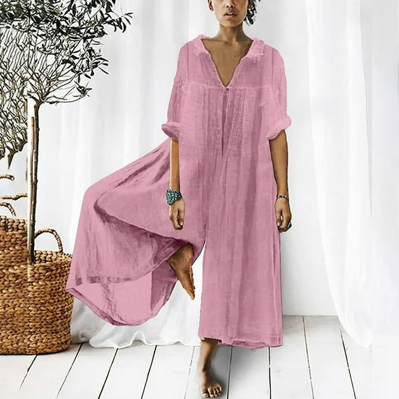 Pants for Women,Clearance Women's Plus Size Women Casual Solid Turn-down Collar Cotton Linen Romper Long Playsuit Zipper Jumpsuit Loose Causal Pants