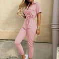 thumbnail image 1 of Tbopshirt Pants for Women Plus Size Women Fashion Solid Color Casual Lapel Belt Short Sleeve Overalls Loose Causal Pants, 1 of 3