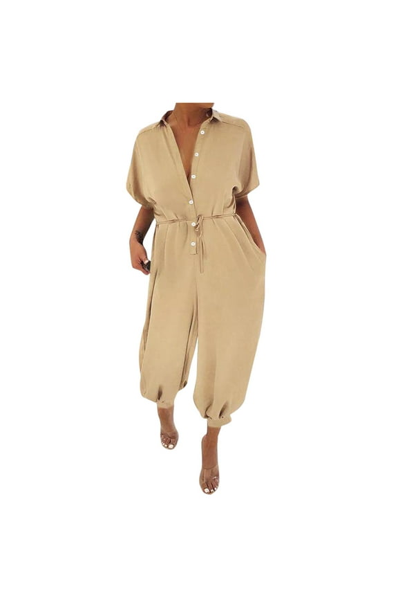 Pants for Women,Clearance Women's Plus Size Women Leopard Print Lapel Slim Long Button Rompers Short Sleeve Jumpsuits Loose Causal Pants