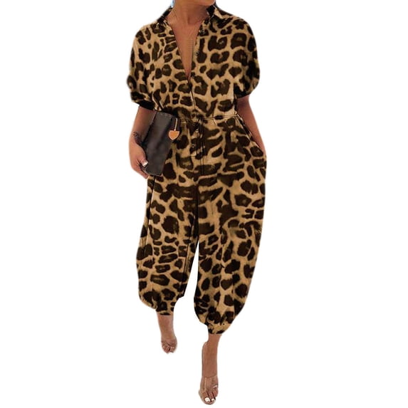 Pants for Women,Clearance Women's Plus Size Women Leopard Print Lapel Slim Long Button Rompers Short Sleeve Jumpsuits Loose Causal Pants
